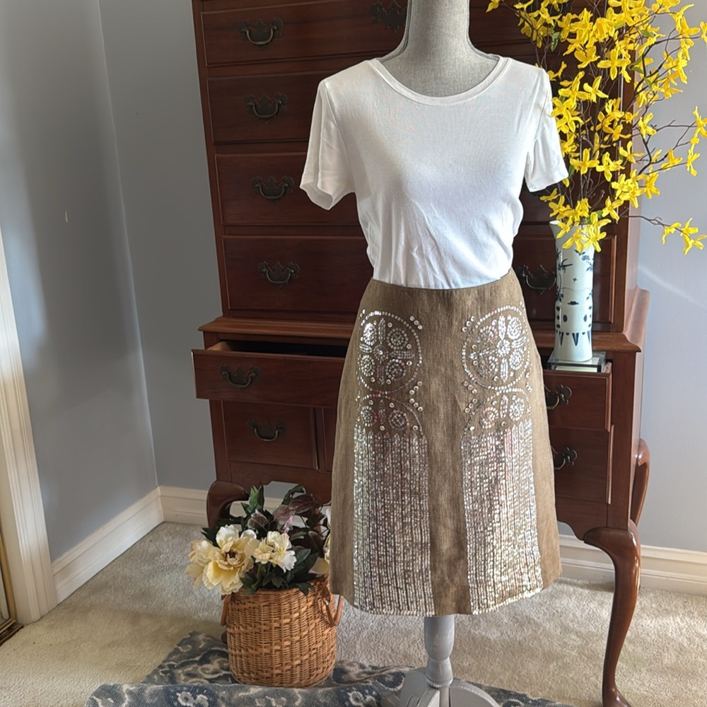 Tory Burch Tan Silver Sequin Pencil Skirt Size 10 - Picture 13 of 13